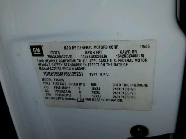 1GKET66M166135251 - 2006 GMC ENVOY DENA WHITE photo 10