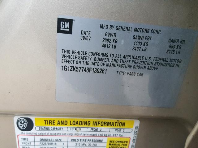 1G1ZK57748F139261 - 2008 CHEVROLET MALIBU LTZ TAN photo 10