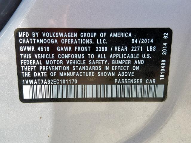 1VWAT7A32EC101170 - 2014 VOLKSWAGEN PASSAT S SILVER photo 10