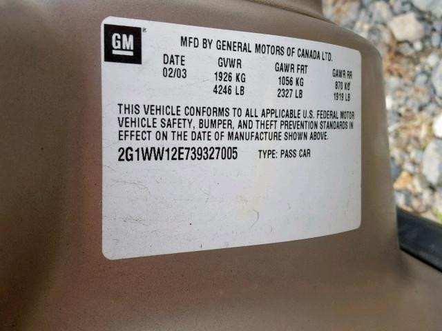 2G1WW12E739327005 - 2003 CHEVROLET MONTE CARL ბეჟი ფოტო 10