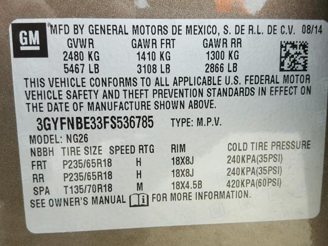 3GYFNBE33FS536785 - 2015 CADILLAC SRX LUXURY BROWN photo 10