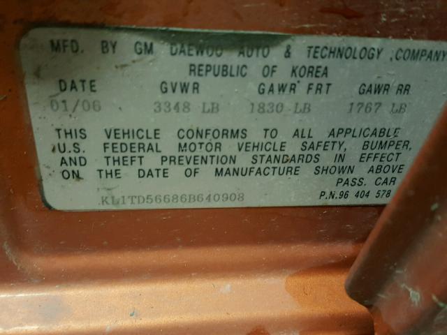 KL1TD56686B640908 - 2006 CHEVROLET AVEO BASE Қызғылт сары фото 10