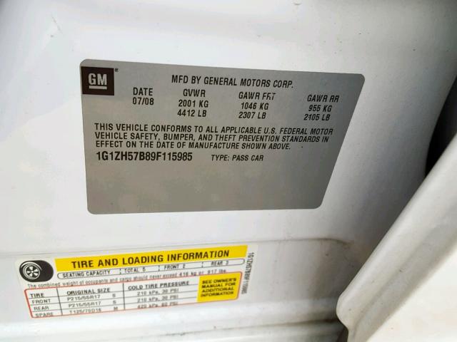 1G1ZH57B89F115985 - 2009 CHEVROLET MALIBU 1LT WHITE photo 10