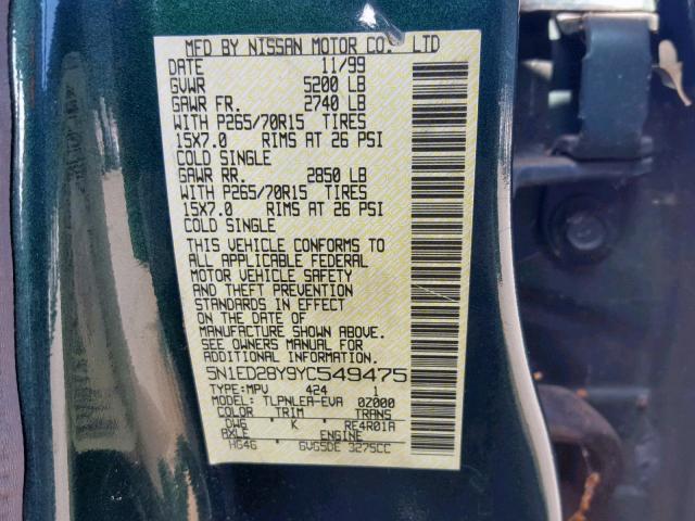 5N1ED28Y9YC549475 - 2000 NISSAN XTERRA XE GREEN photo 10