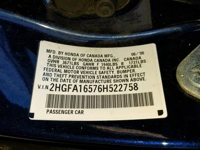 2HGFA16576H522758 - 2006 HONDA CIVIC LX BLUE photo 10