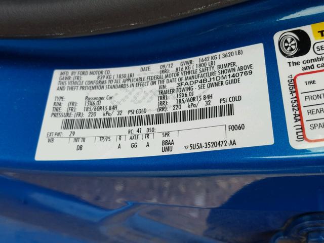 3FADP4BJ1DM140769 - 2013 FORD FIESTA SE BLUE photo 10