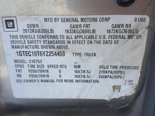 1GTEC19T6YZ254450 - 2000 GMC NEW SIERRA SILVER photo 10