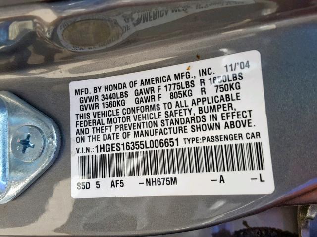 1HGES16355L006651 - 2005 HONDA CIVIC DX V GRAY photo 10