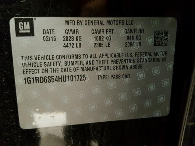 1G1RD6S54HU101725 - 2017 CHEVROLET VOLT PREMI BLACK photo 10