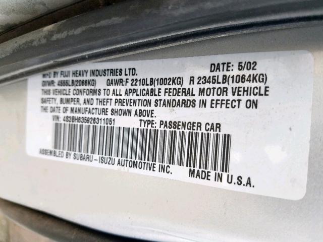 4S3BH635926311051 - 2002 SUBARU LEGACY L SILVER photo 10