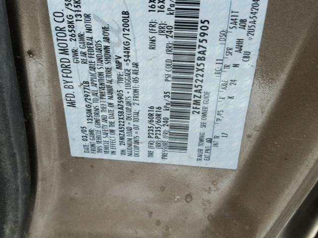 2FMZA522X5BA75905 - 2005 FORD FREESTAR S GOLD photo 10