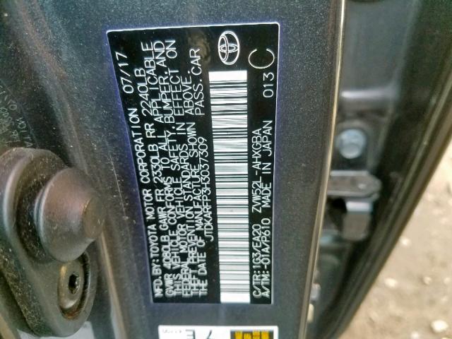 JTDKARFP3H3037309 - 2017 TOYOTA PRIUS PRIM 灰色 照片 10