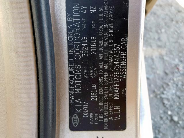 KNAFE122675444557 - 2007 KIA SPECTRA EX GOLD photo 10