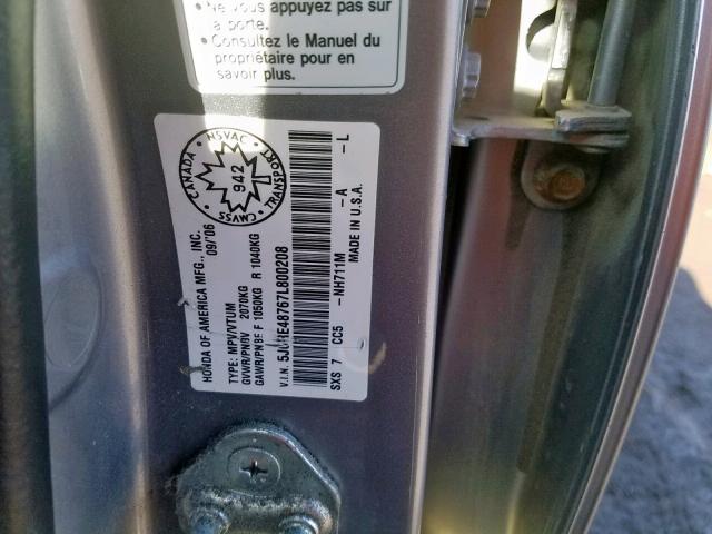 5J6RE48767L800208 - 2007 HONDA CR-V EXL SILVER photo 10