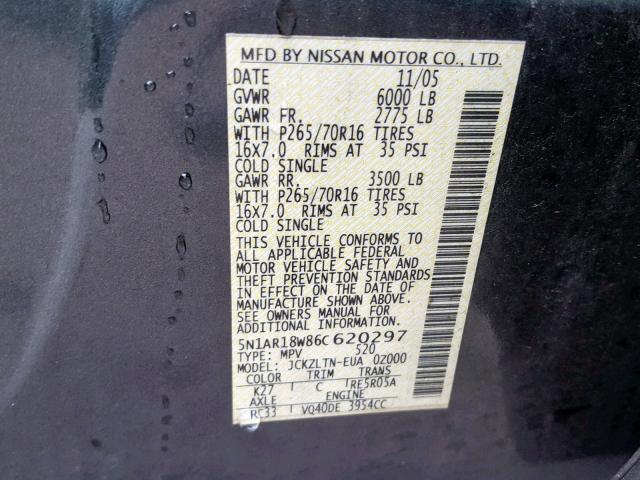 5N1AR18W86C620297 - 2006 NISSAN PATHFINDER GRAY photo 10