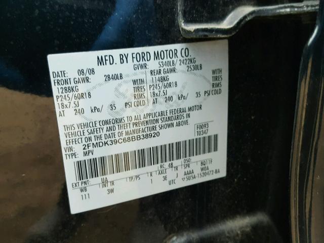 2FMDK39C68BB38920 - 2008 FORD EDGE LIMIT BLACK photo 10