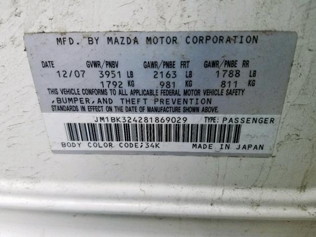 JM1BK324281869029 - 2008 MAZDA 3 S WHITE photo 10