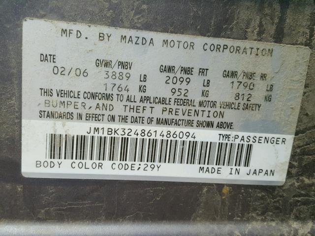 JM1BK324861486094 - 2006 MAZDA 3 S GRAY photo 10