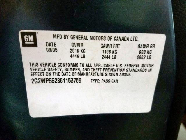 2G2WP552361153759 - 2006 PONTIAC GRAND PRIX BLUE photo 10