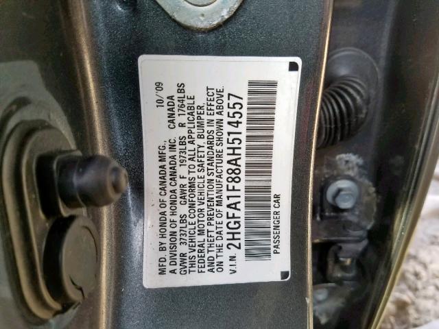 2HGFA1F88AH514557 - 2010 HONDA CIVIC EX GRAY photo 10