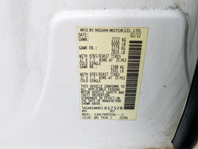 5N1AR1NN9CC617528 - 2012 NISSAN PATHFINDER WHITE photo 10