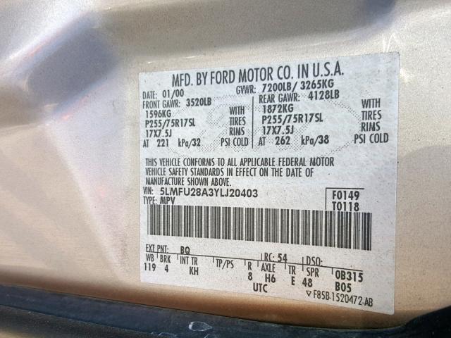 5LMFU28A3YLJ20403 - 2000 LINCOLN NAVIGATOR Qəhvəyi foto 10