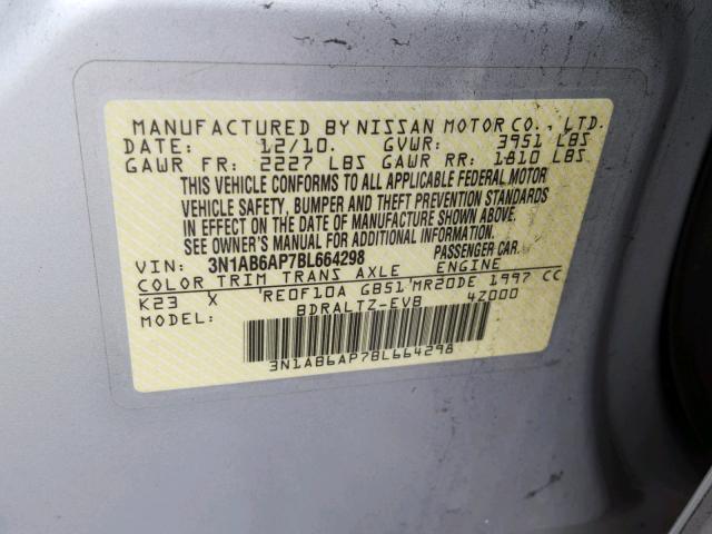 3N1AB6AP7BL664298 - 2011 NISSAN SENTRA 2.0 SILVER photo 10