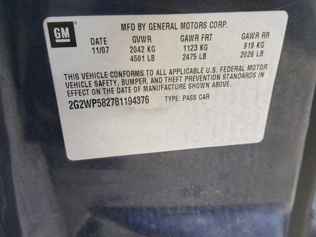 2G2WP582781194376 - 2008 PONTIAC GRAND PRIX CHARCOAL photo 10