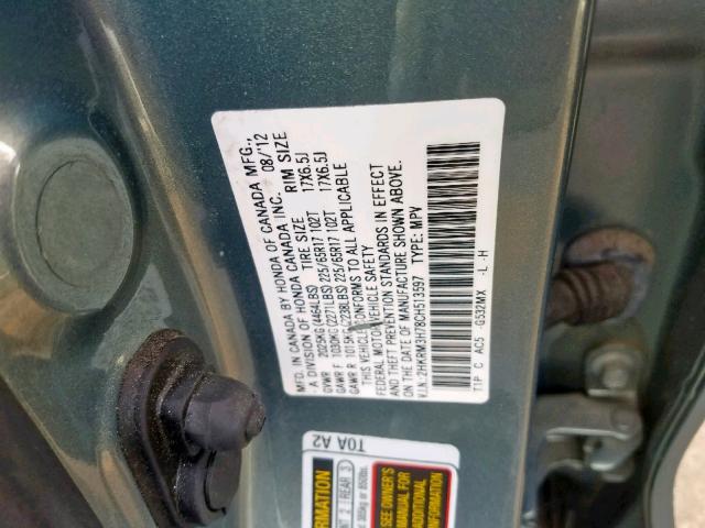 2HKRM3H78CH513597 - 2012 HONDA CR-V EXL GREEN photo 10