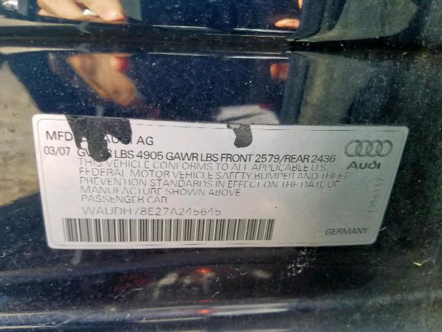 WAUDH78E27A245645 - 2007 AUDI A4 3.2 QUA BLACK photo 10