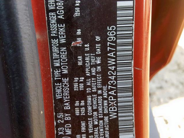 WBXPA73424WA77965 - 2004 BMW X3 2.5I RED photo 10