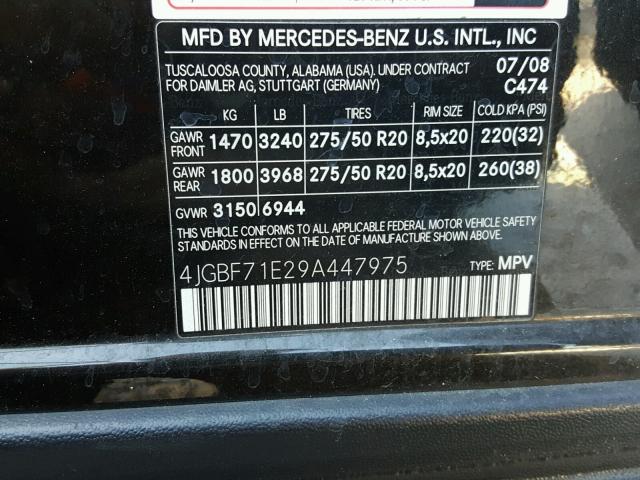 4JGBF71E29A447975 - 2009 MERCEDES-BENZ GL 450 4MA BLACK photo 10