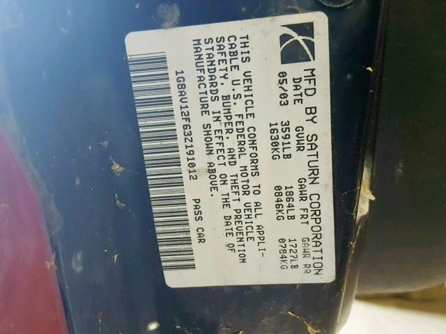 1G8AV12F63Z191012 - 2003 SATURN ION LEVEL ORANGE photo 10