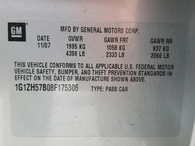 1G1ZH57B08F175306 - 2008 CHEVROLET MALIBU 1LT SILVER photo 10