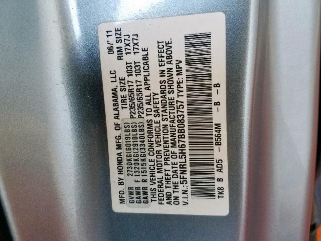 5FNRL5H67BB083757 - 2011 HONDA ODYSSEY EX BLUE photo 10