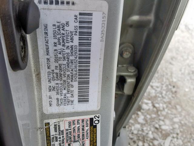 5Y2SL63815Z429333 - 2005 PONTIAC VIBE SILVER photo 10