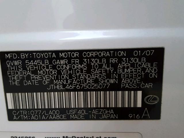 JTHBL46F675025077 - 2007 LEXUS LS 460 WHITE photo 10