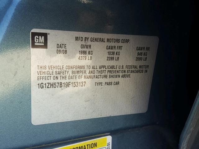 1G1ZH57B19F153137 - 2009 CHEVROLET MALIBU 1LT 绿色 照片 10