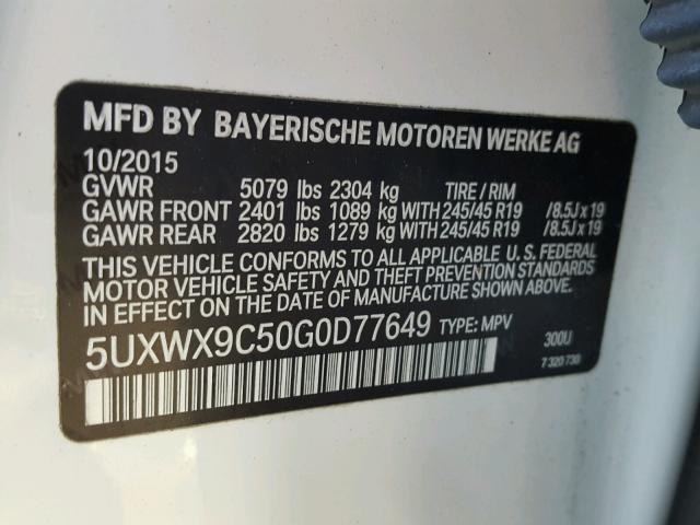 5UXWX9C50G0D77649 - 2016 BMW X3 XDRIVE2 WHITE photo 10