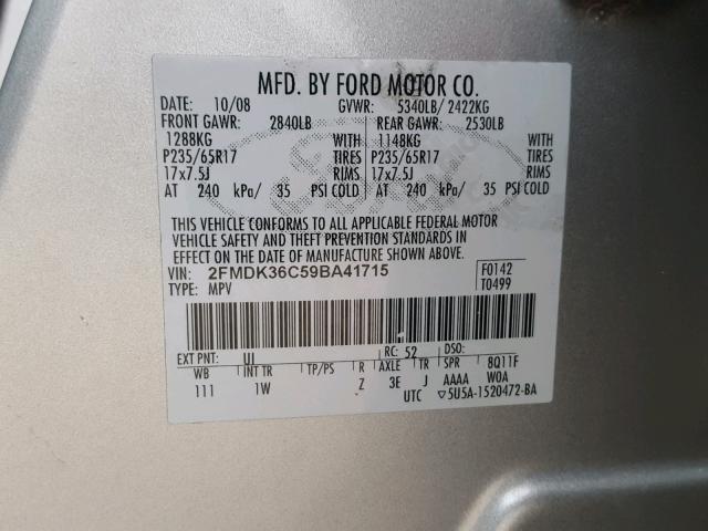 2FMDK36C59BA41715 - 2009 FORD EDGE SE SILVER photo 10