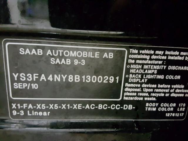 YS3FA4NY8B1300291 - 2011 SAAB 9-3 2.0T BLACK photo 10