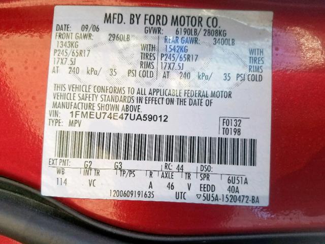 1FMEU74E47UA59012 - 2007 FORD EXPLORER E RED photo 10