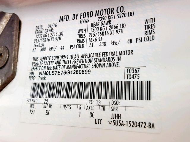 NM0LS7E76G1280899 - 2016 FORD TRANSIT CO WHITE photo 10