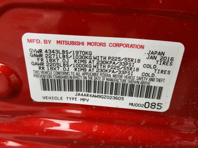 JA4AR4AW9GZ023605 - 2016 MITSUBISHI OUTLANDER RED photo 10