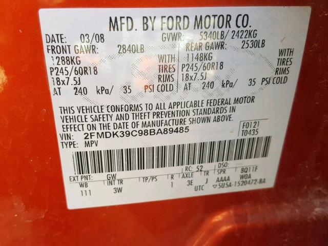 2FMDK39C98BA89485 - 2008 FORD EDGE LIMIT ORANGE photo 10