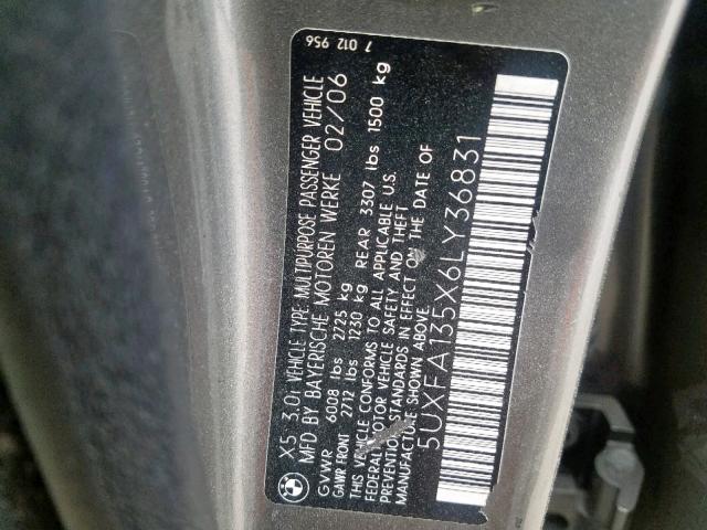 5UXFA135X6LY36831 - 2006 BMW X5 3.0I GRAY photo 10