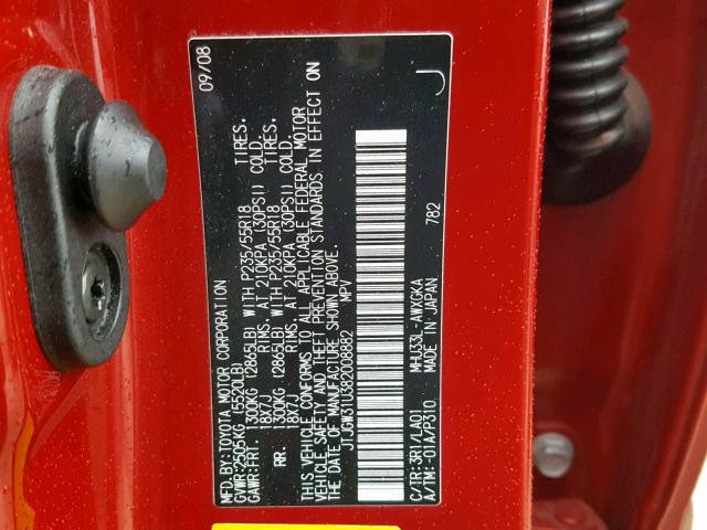 JTJGW31U382008882 - 2008 LEXUS RX 400H RED photo 10