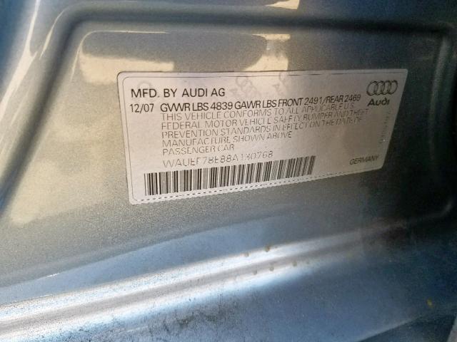 WAUEF78E88A130768 - 2008 AUDI A4 S-LINE GRAY photo 10