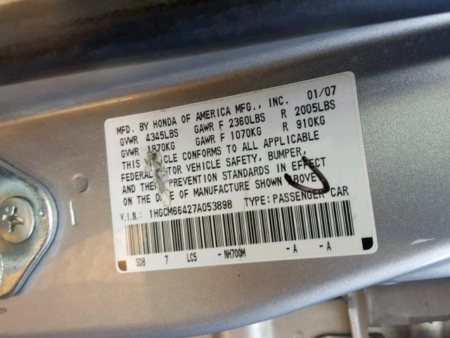 1HGCM66427A053898 - 2007 HONDA ACCORD SE SILVER photo 10