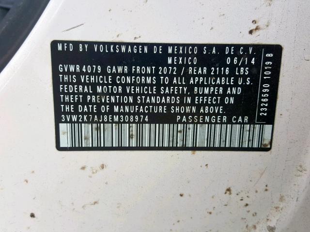 3VW2K7AJ8EM308974 - 2014 VOLKSWAGEN JETTA BASE 白色 照片 10